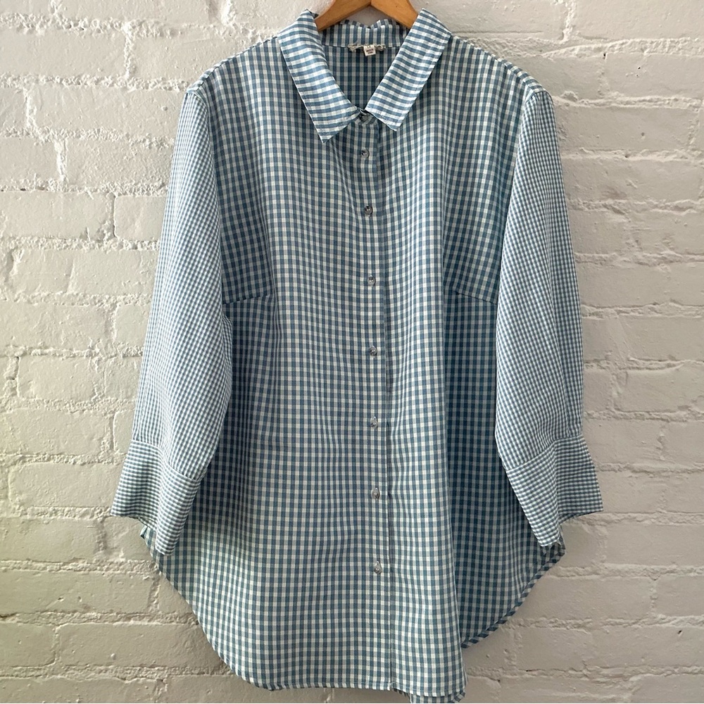 One World Womens Blue White Plaid Button Up Shirt Top Blouse Office Casual 1X